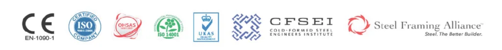 APEC Modular Certifications: CE EN-1090-1, ISO 9001:2008, OHSAS 18001:2007, ISO 14001, UKAS Quality Management, CFSEI, and Steel Framing Alliance